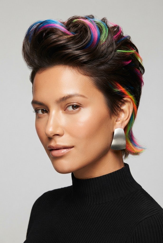 Neon-Tip Retro Pompadour — 80s hairstyles for short hair style outfit