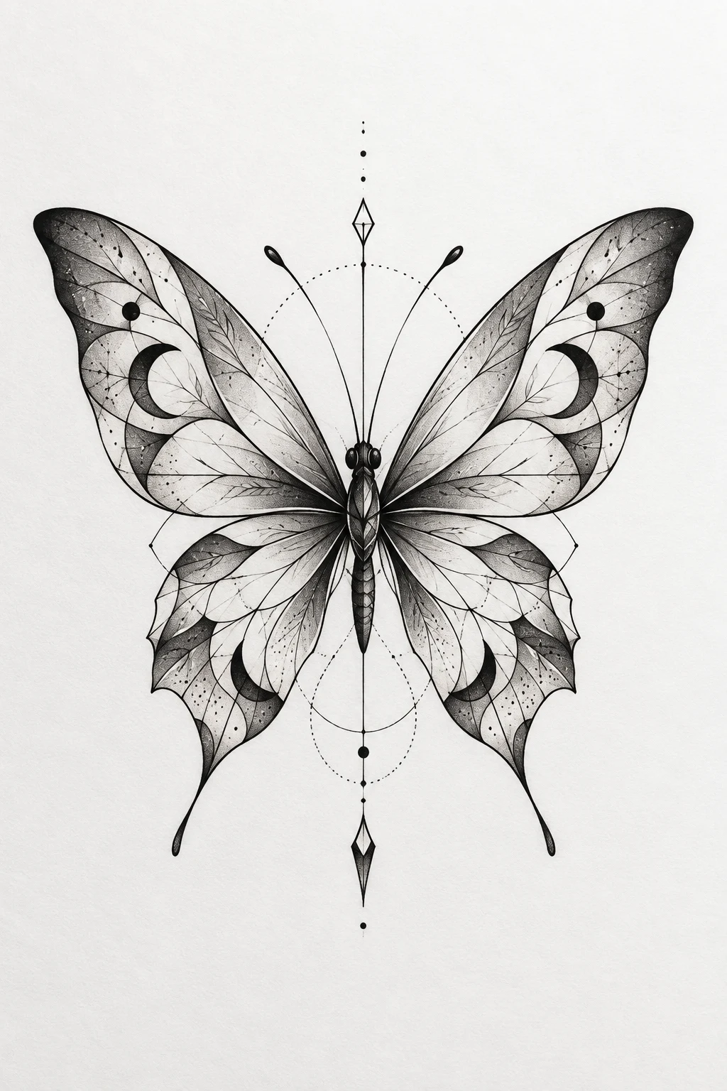 Fine-Line Butterfly With Hidden Shapes — abstract butterfly tattoo style outfit