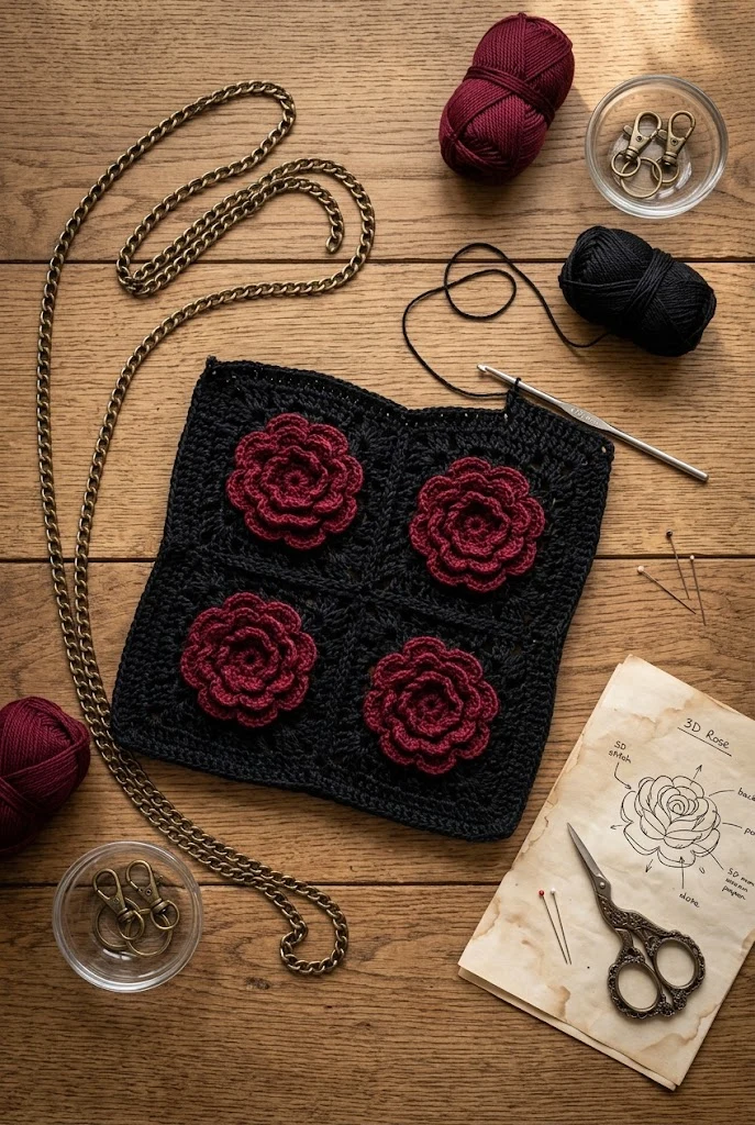 Gothic Dark Floral Coquette Crossbody — aesthetic crochet bag style outfit