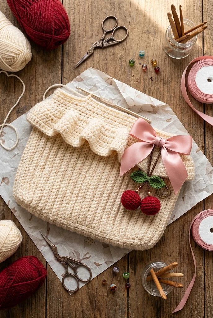 Coquettish Bow-Adorned Ruffle Bag: Fun Aesthetic Crochet Bag Charms Included — aesthetic crochet bag style outfit