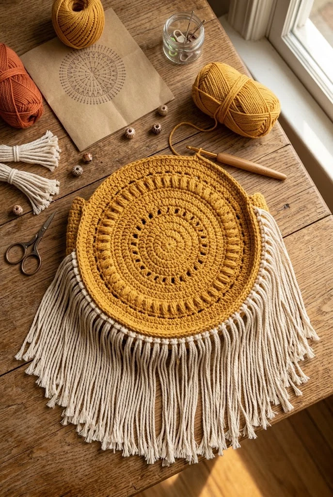 Festival Fringe Boho Round Canteen Bag — aesthetic crochet bag style outfit