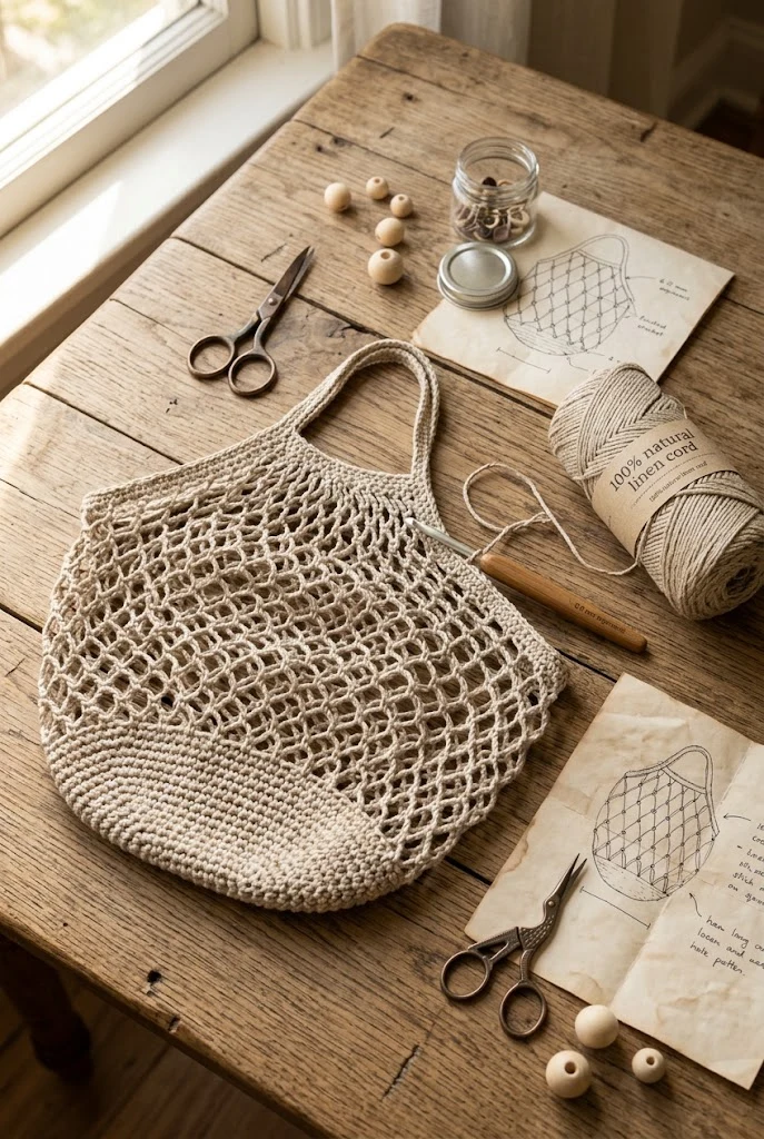 Raw Linen French Market Net Shopper — aesthetic crochet bag style outfit