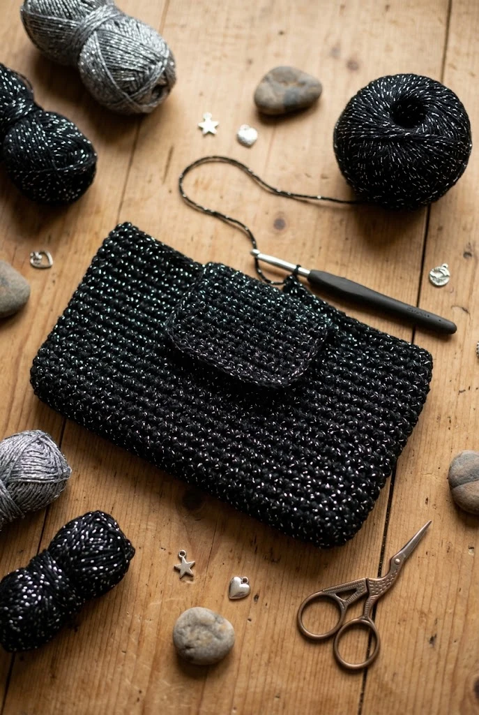Y2K Starlet Black & Silver Lurex Clutch — aesthetic crochet bag style outfit