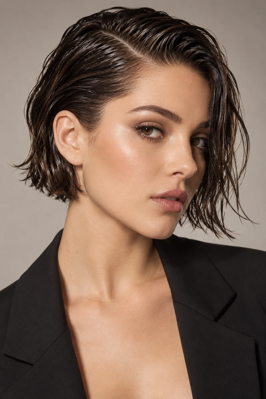 The Wet-Look Side Part — aesthetic hairstyles for short hair style outfit