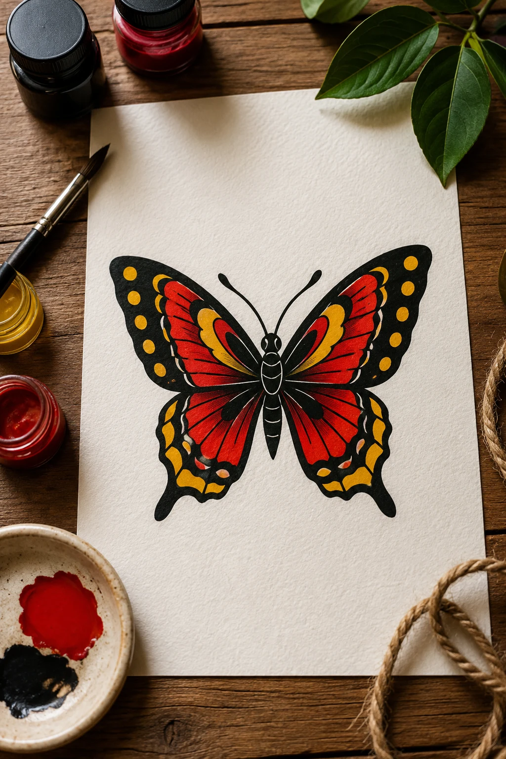Classic Red-and-Yellow American Traditional Butterfly Tattoo — american traditional butterfly tattoo style outfit