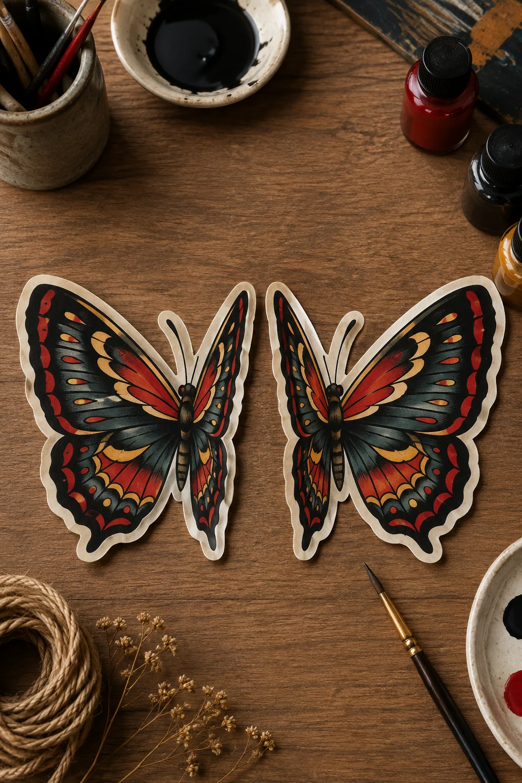 Mirrored Butterfly Pair — american traditional butterfly tattoo style outfit