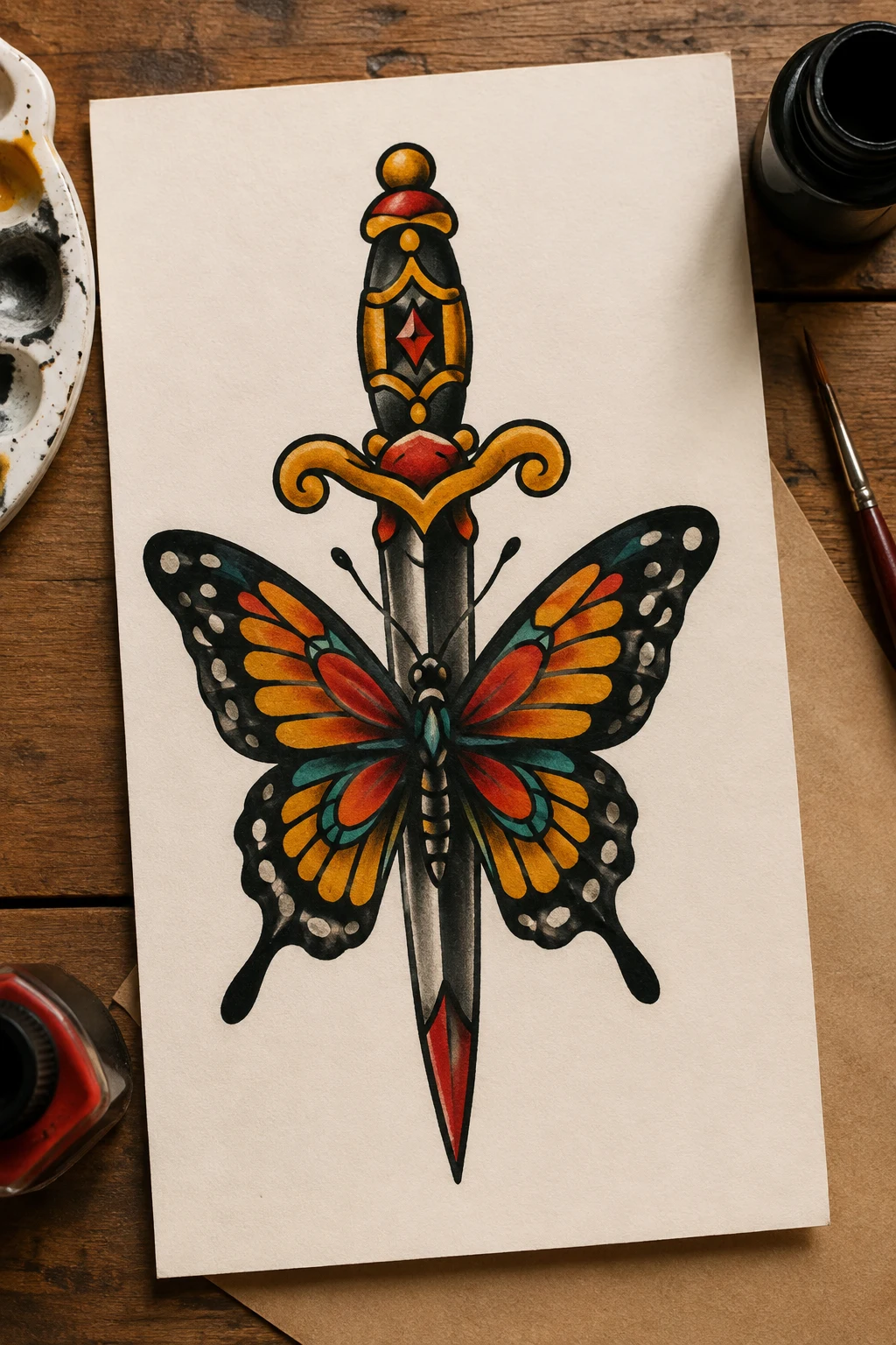 American Traditional Butterfly Tattoo With a Dagger — american traditional butterfly tattoo style outfit