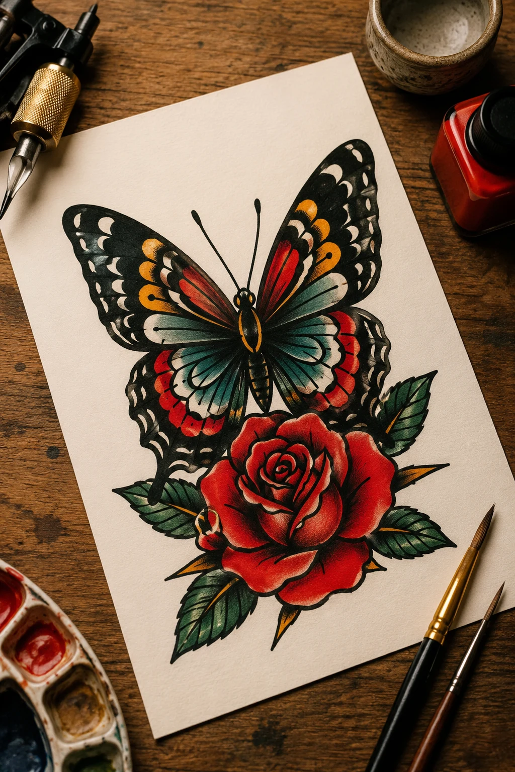 Butterfly With a Red Rose — american traditional butterfly tattoo style outfit