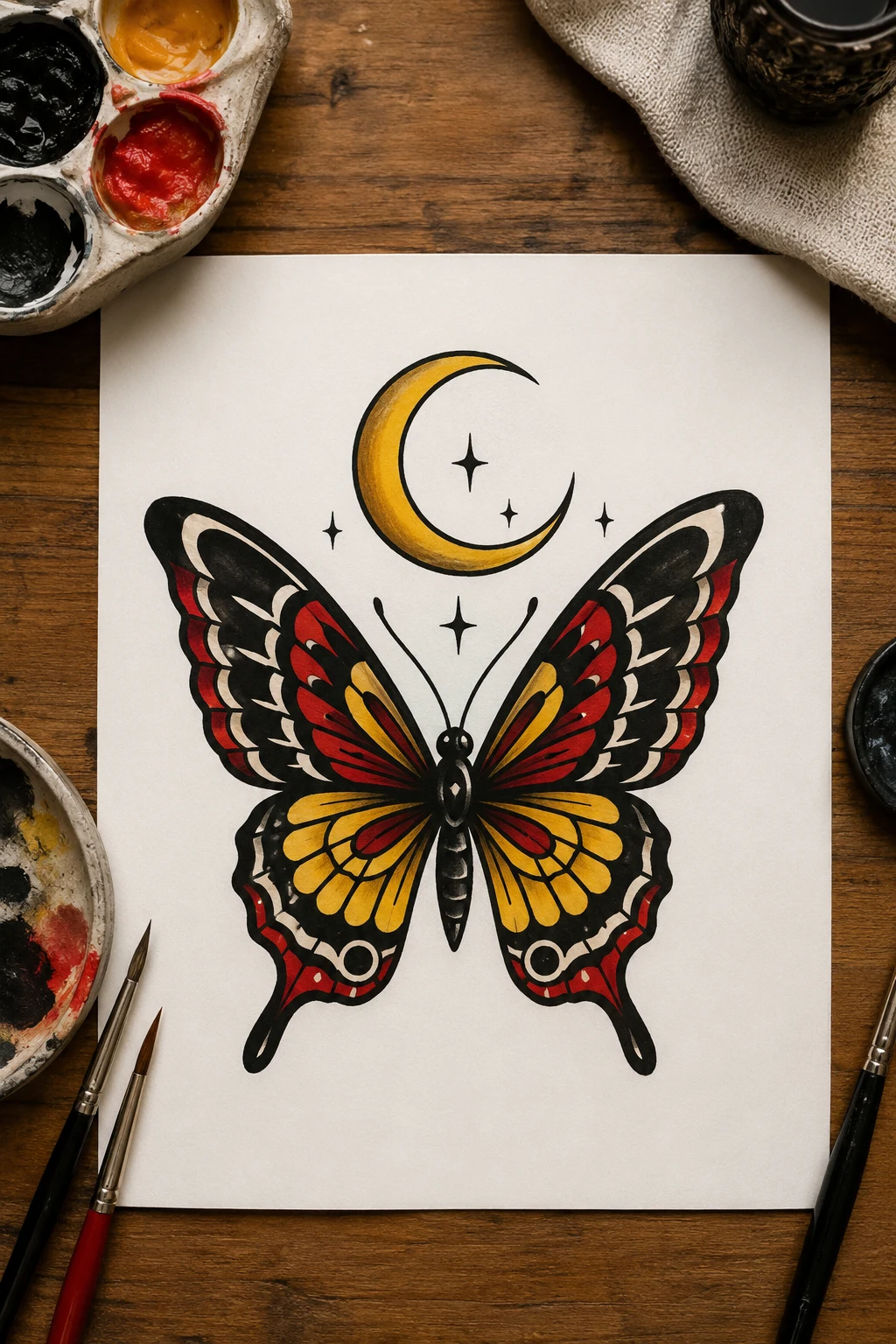 American Traditional Butterfly Tattoo With a Crescent Moon — american traditional butterfly tattoo style outfit