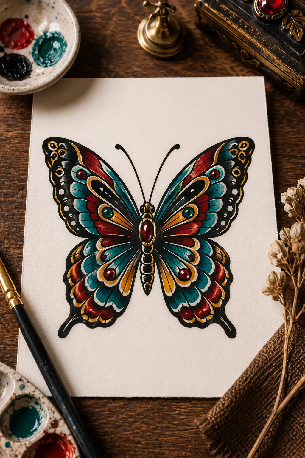 Jewel-Tone Butterfly — american traditional butterfly tattoo style outfit
