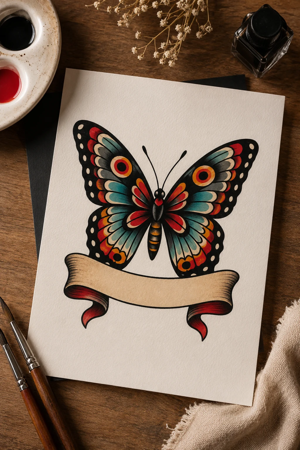 Butterfly With a Banner — american traditional butterfly tattoo style outfit