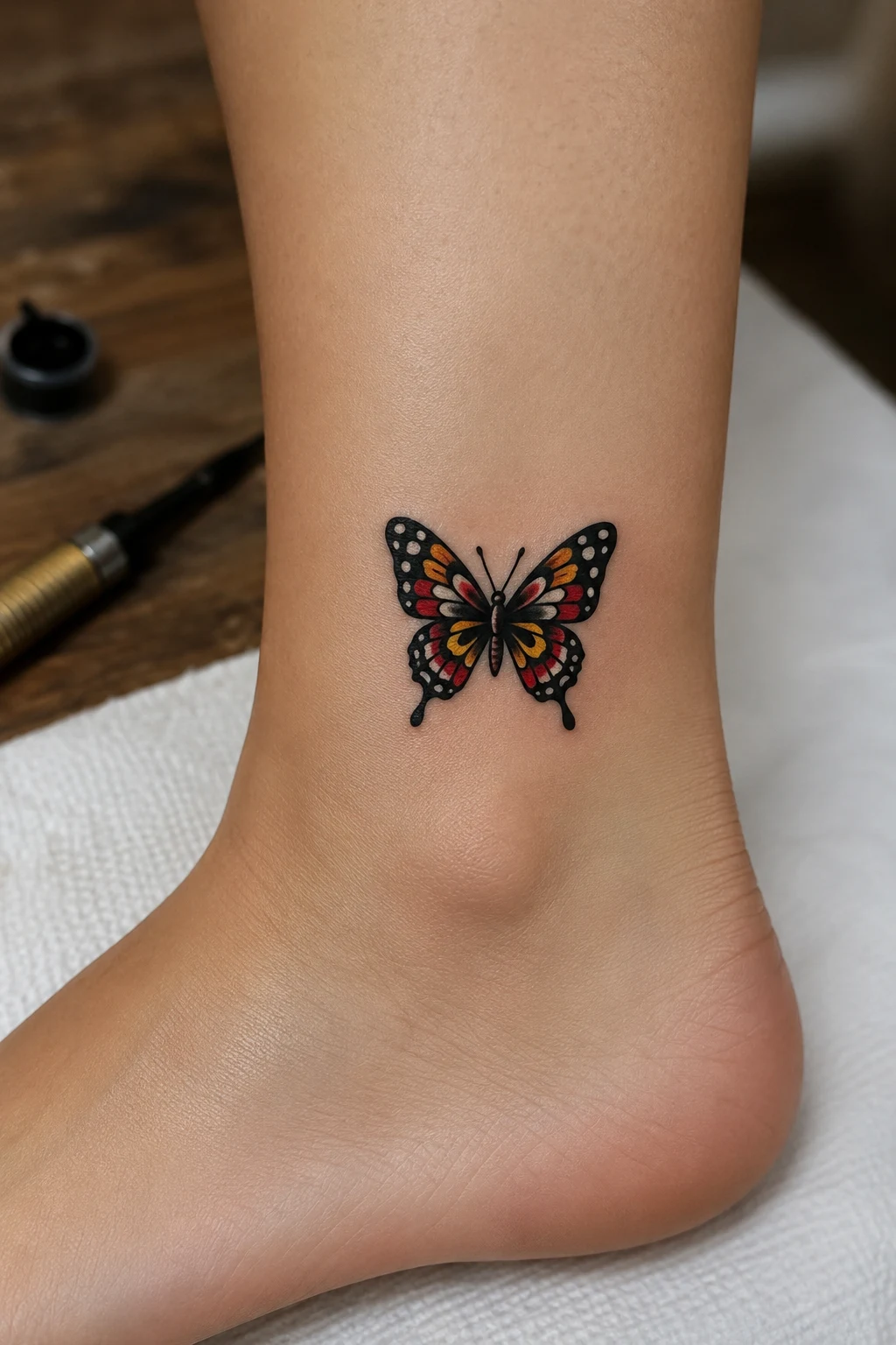 Small Traditional Butterfly Ankle Tattoo — american traditional butterfly tattoo style outfit