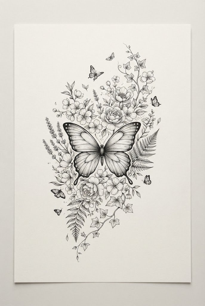 Half-Sleeve Botanical Butterfly Garden — arm butterfly tattoo style outfit