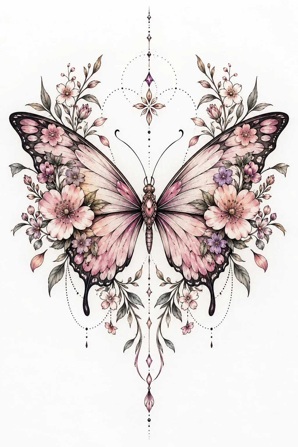 Butterfly With Birth Flowers — back tattoo women butterfly style outfit