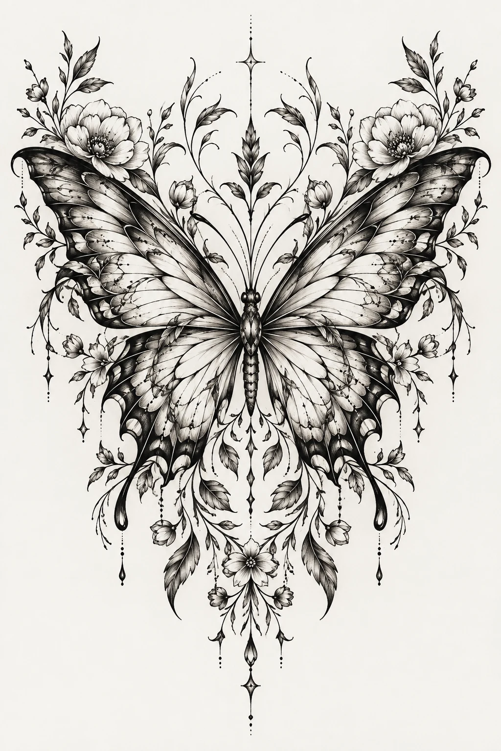 Statement Full-Back Butterfly With Botanical Blackwork — back tattoo women butterfly style outfit