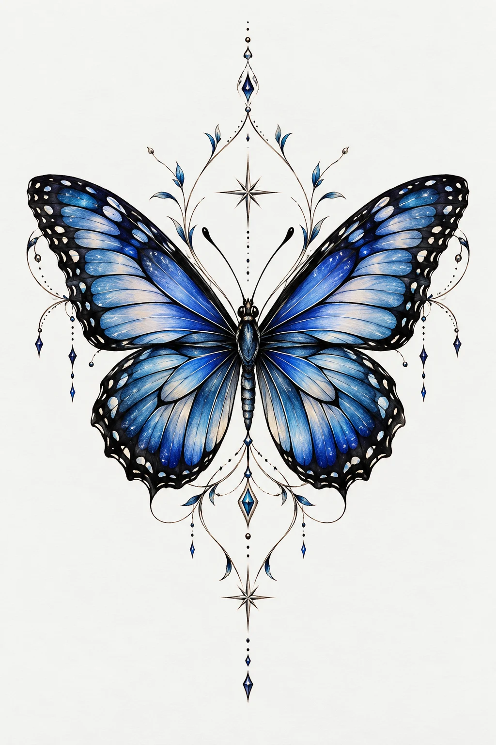 Blue Monarch Butterfly Between the Shoulder Blades — back tattoo women butterfly style outfit