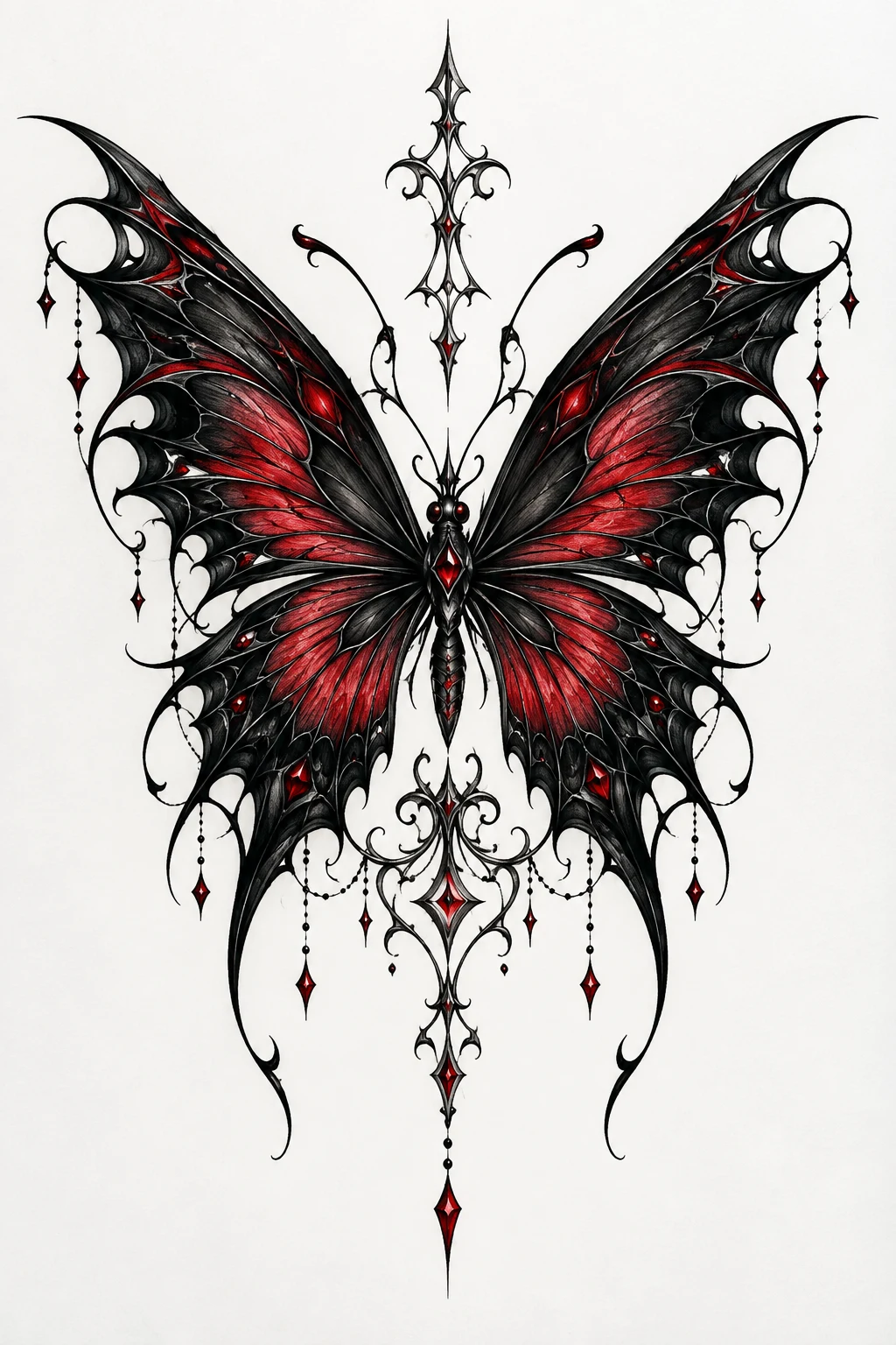 Gothic Black Butterfly With Red Accents — back tattoo women butterfly style outfit