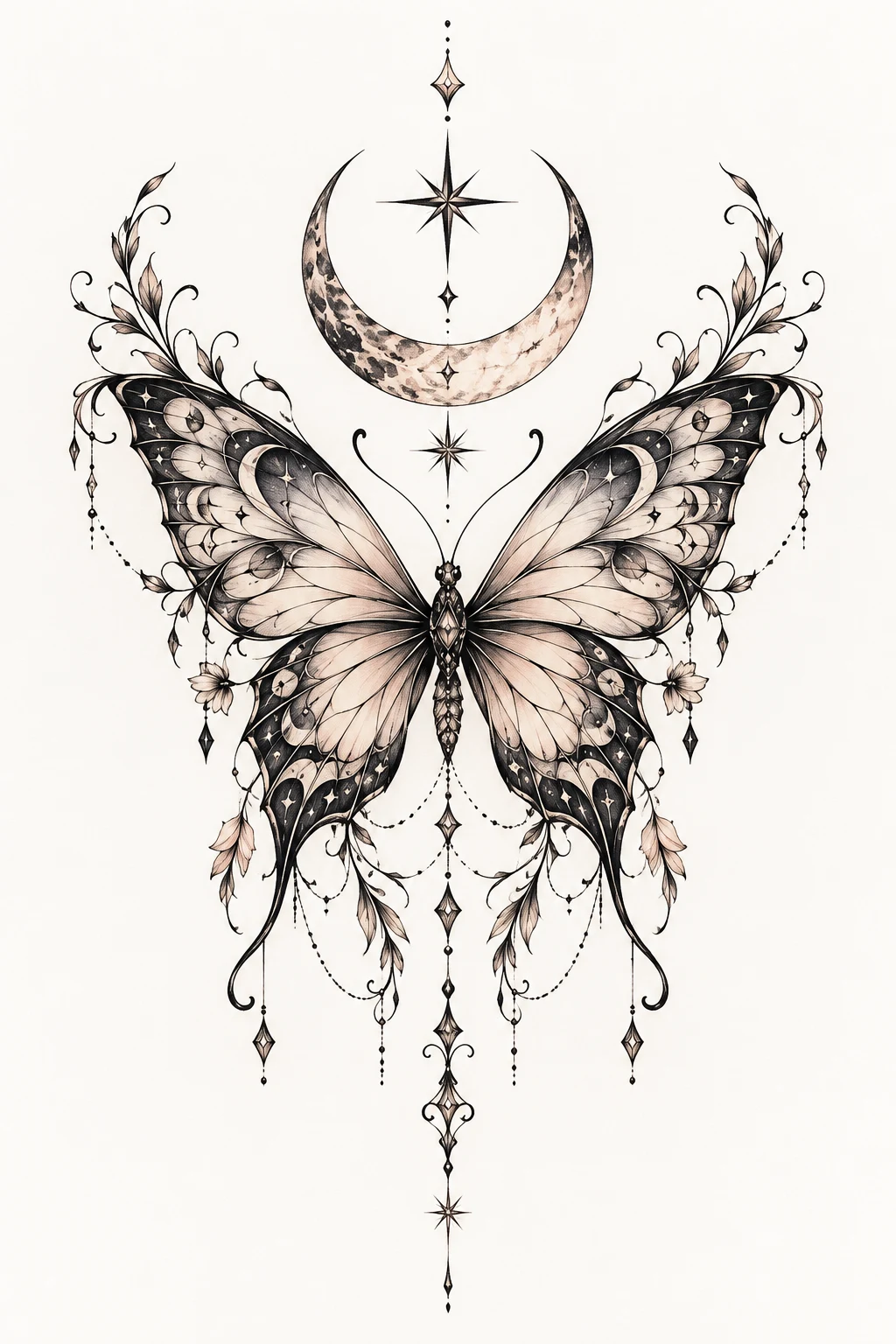 Butterfly and Moon Back Neck Tattoo Women Design — back tattoo women butterfly style outfit
