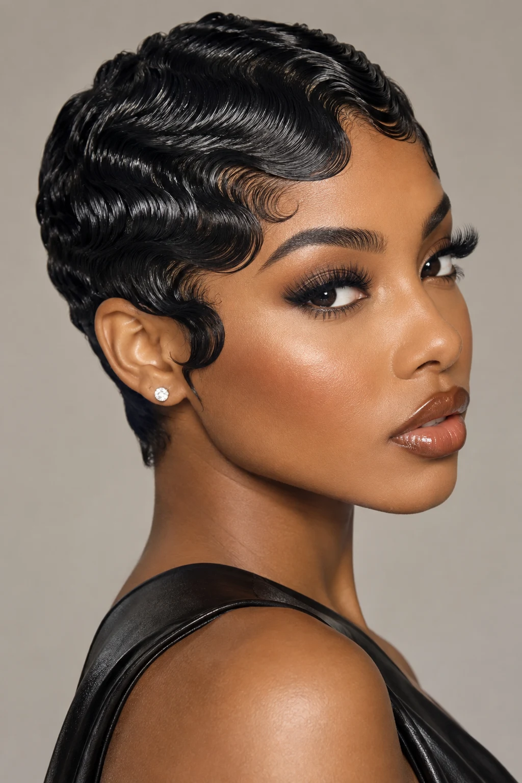 Glossy Finger-Wave Pixie — baddie hairstyles short hair style outfit