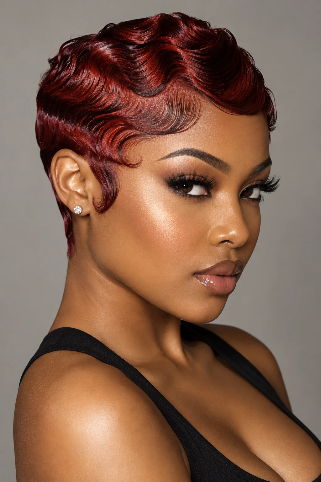 Red-Tinted Slick Pixie — baddie hairstyles short hair style outfit