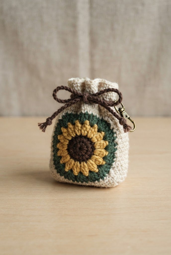 Sunflower Motif Drawstring Bag — bag keychain crochet style outfit