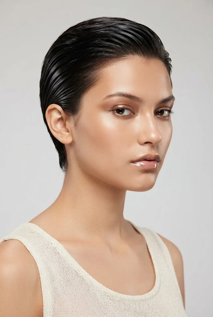 High-Shine Wet-Look Slick — beach hairstyles for short hair easy style outfit