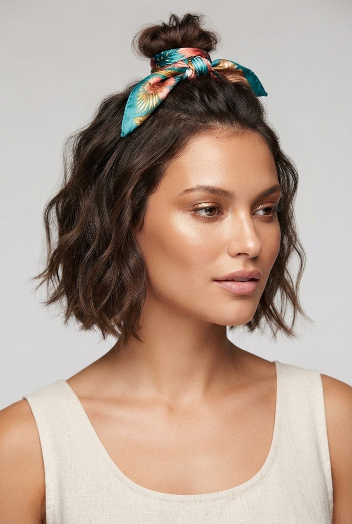 Scarf-Wrapped Mini Topknot — beach hairstyles for short hair easy style outfit