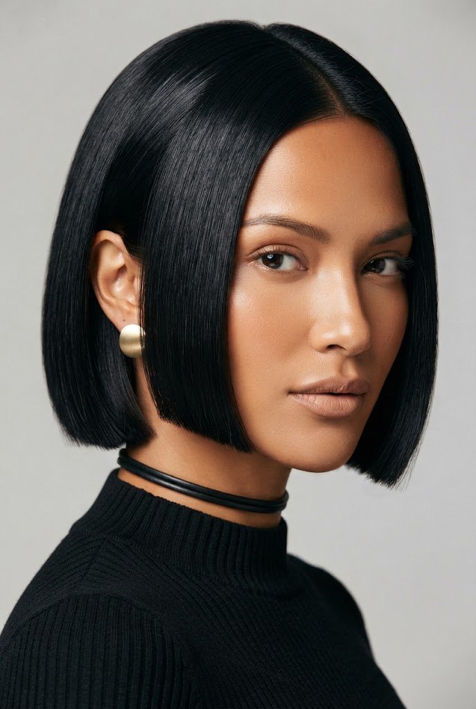 Sleek Jet-Black Micro-Bob — beach hairstyles for short hair style outfit