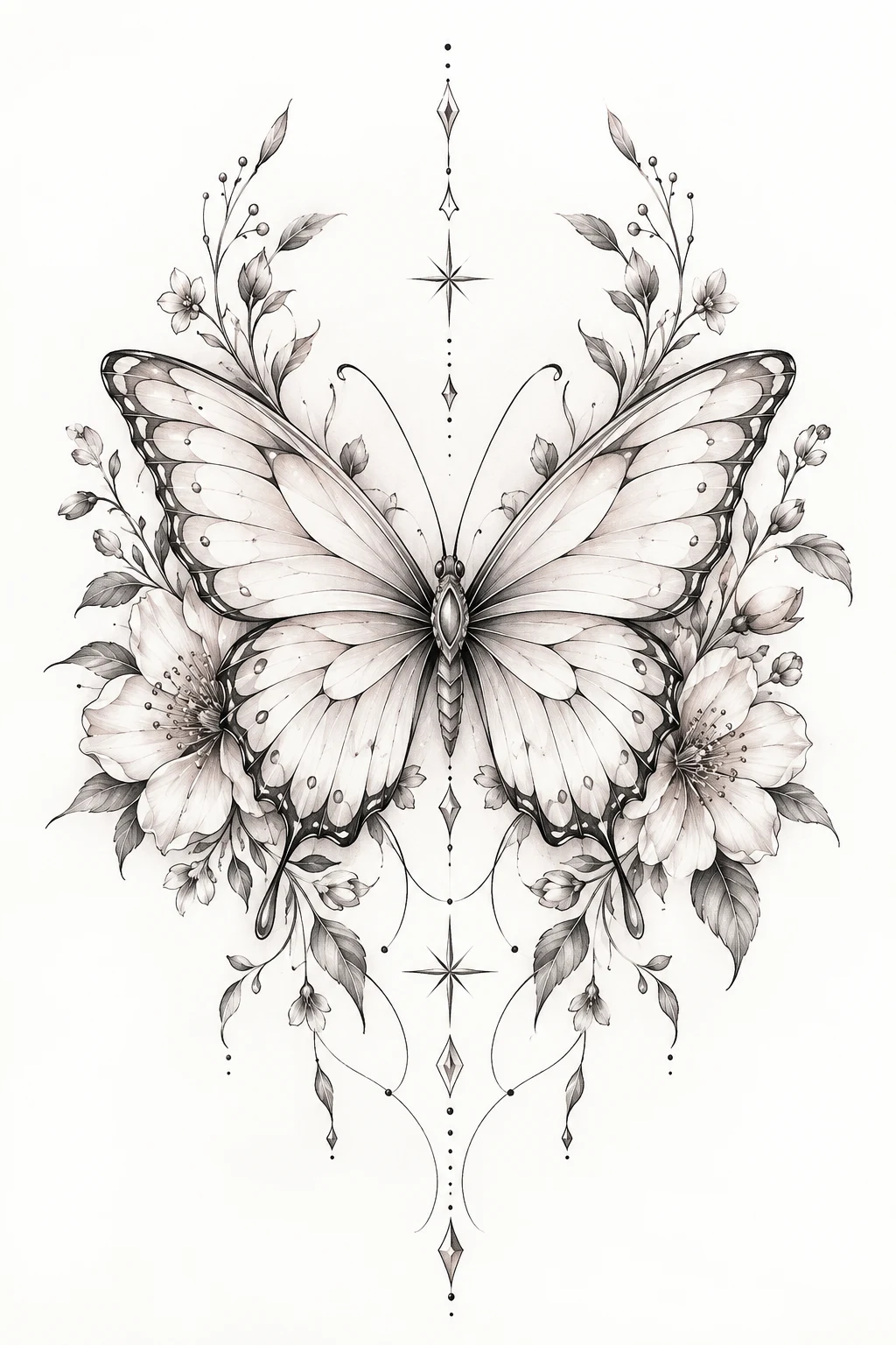 White Butterfly With Fine-Line Florals — big butterfly tattoo style outfit