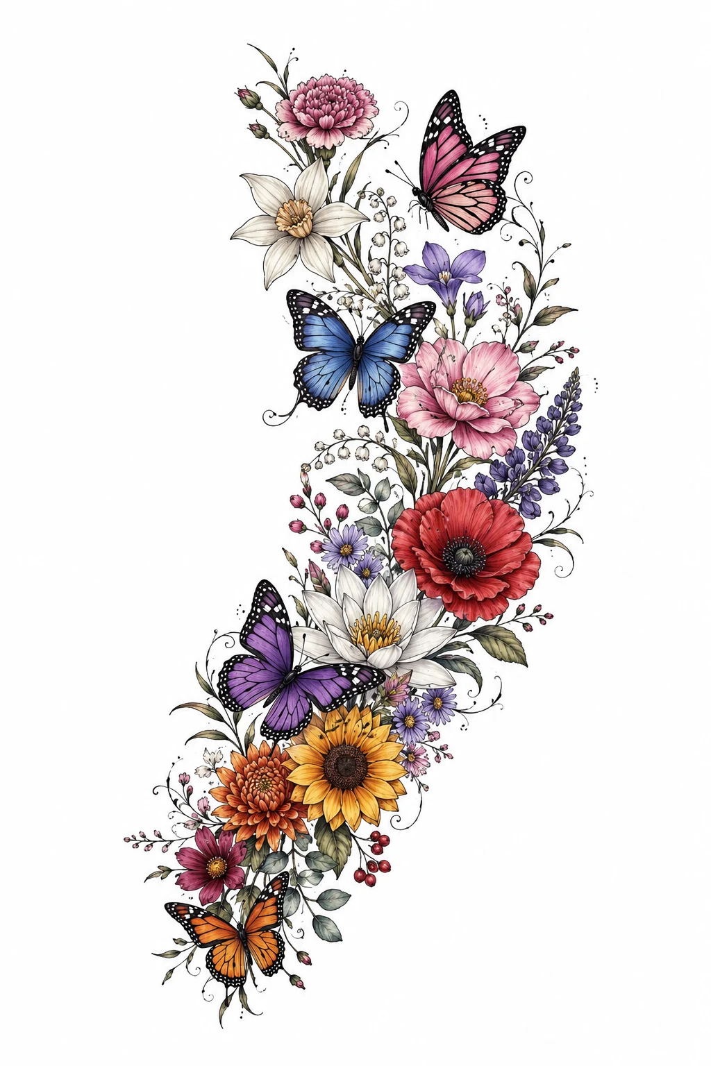 Colorful Birth Flower Butterfly Sleeve Accent — birth flower butterfly tattoo style outfit