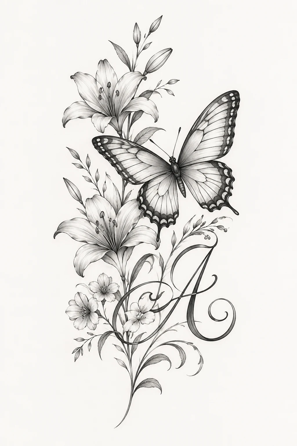 Birth Month Flower Butterfly Tattoo With Initials — birth flower butterfly tattoo style outfit