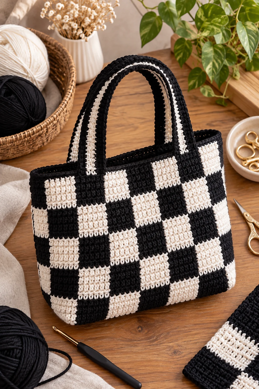 Classic Checkerboard Black and White Crochet Bag — black and white crochet bag style outfit