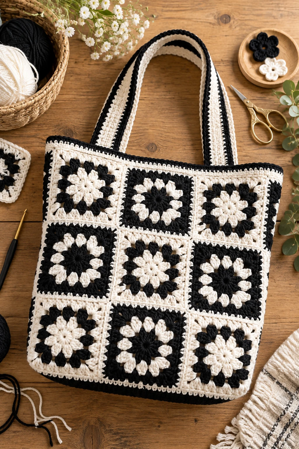 Black and White Crochet Tote With Granny Squares — black and white crochet bag style outfit