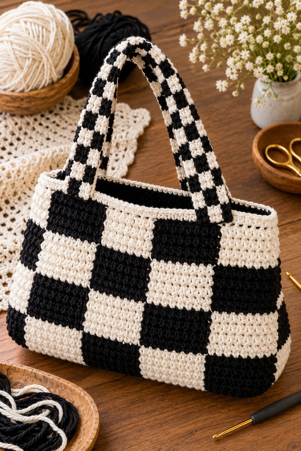 Black and White Crochet Bag With Checkerboard Handles — black and white crochet bag style outfit