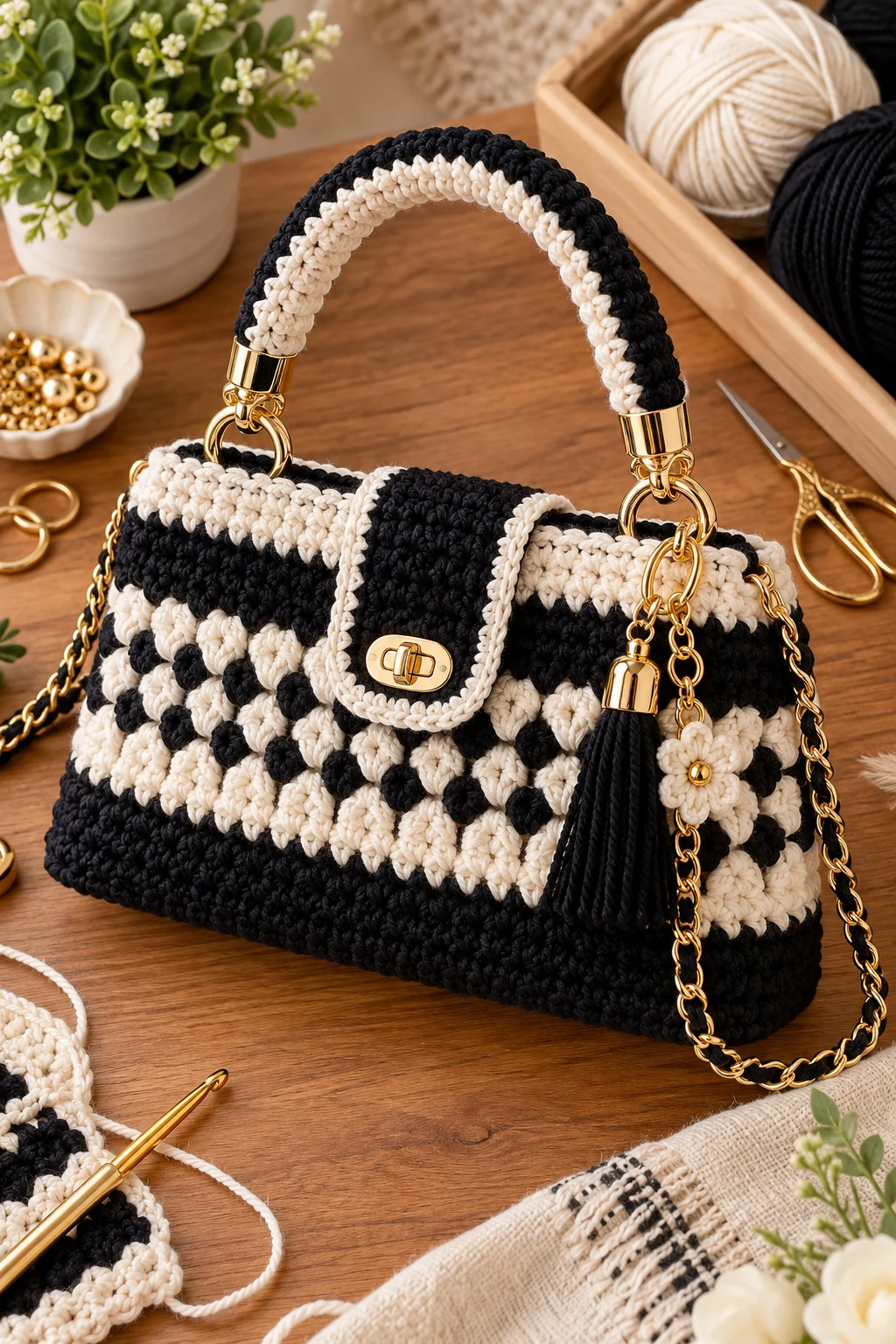 Black and White Crochet Bag With Gold Details — black and white crochet bag style outfit