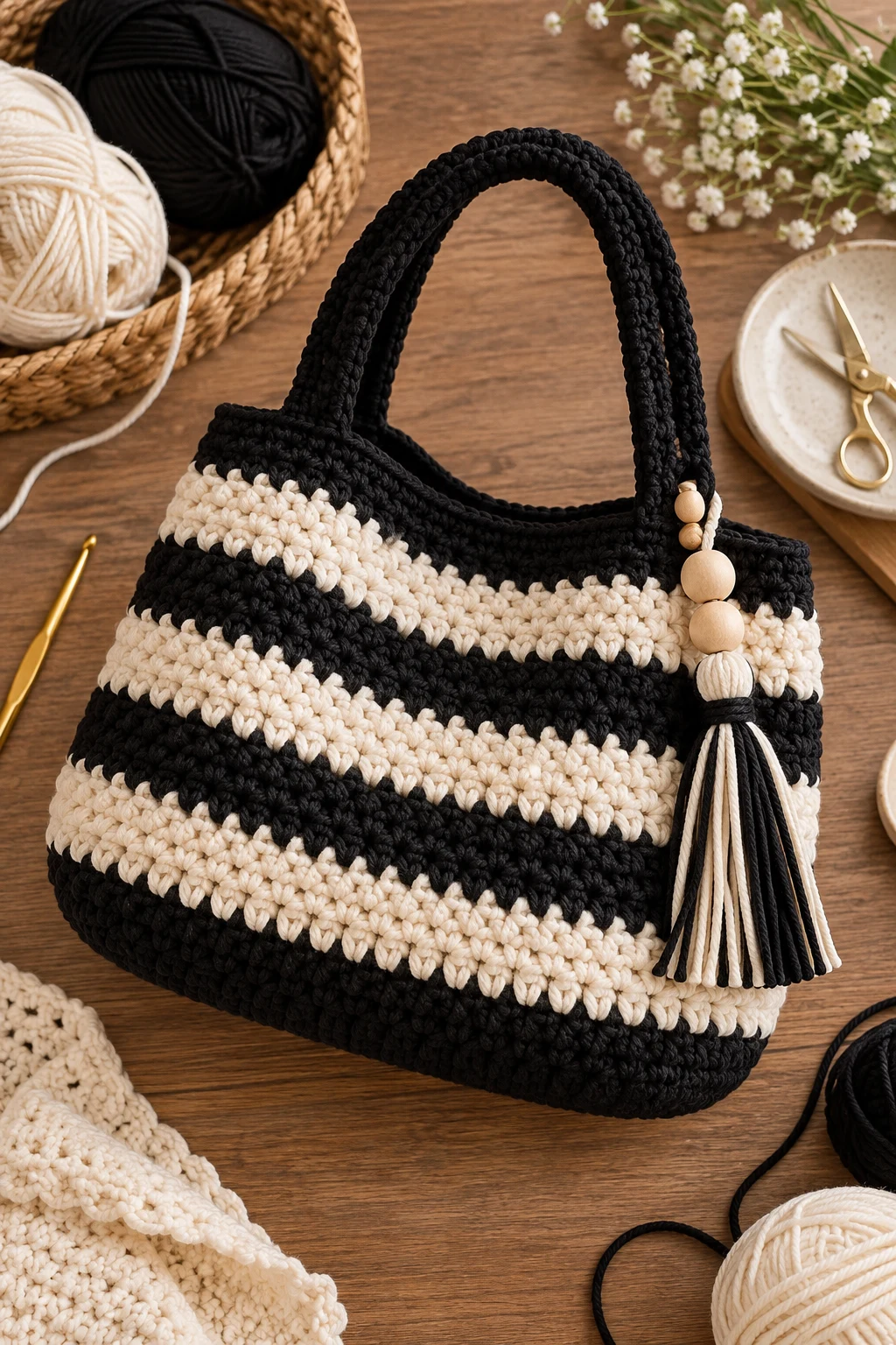Striped Black & White Crochet Bag — black and white crochet bag style outfit