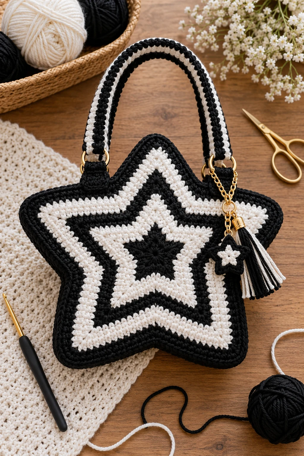 Black and White Crochet Star Bag — black and white crochet bag style outfit