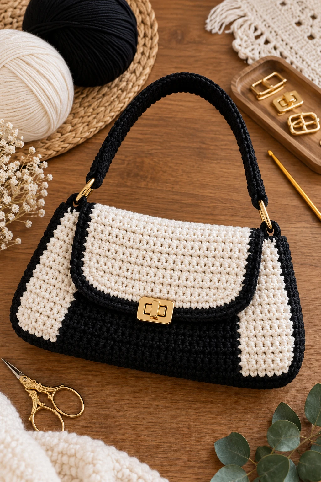 Minimalist Black and White Crochet Purse — black and white crochet bag style outfit