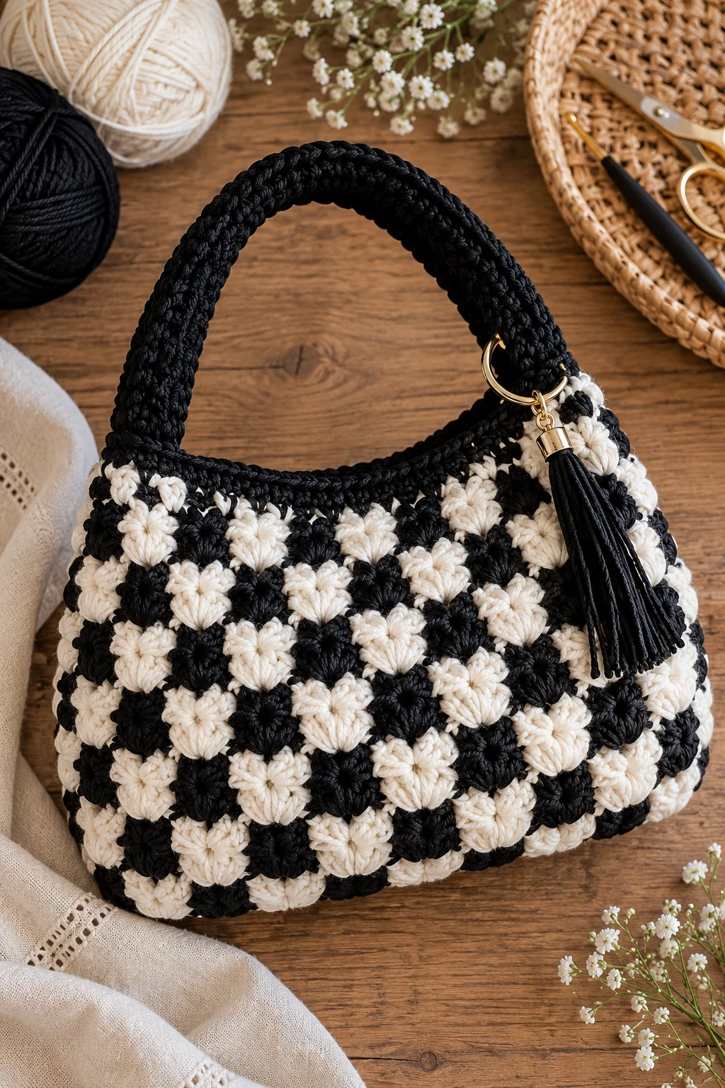 Textured Black and White Crochet Handbag — black and white crochet bag style outfit