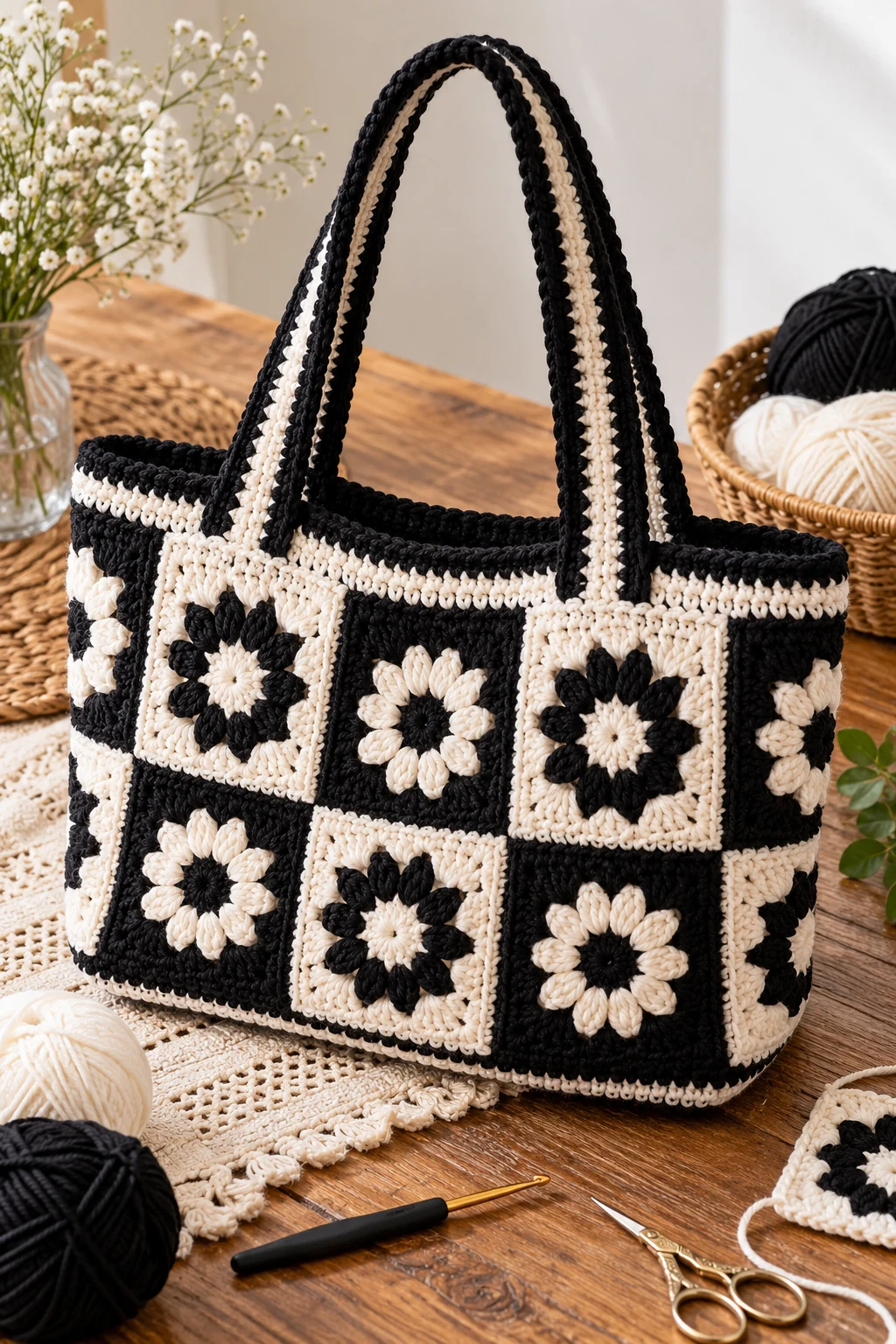 Black and White Crochet Tote Bag — black and white crochet bag style outfit