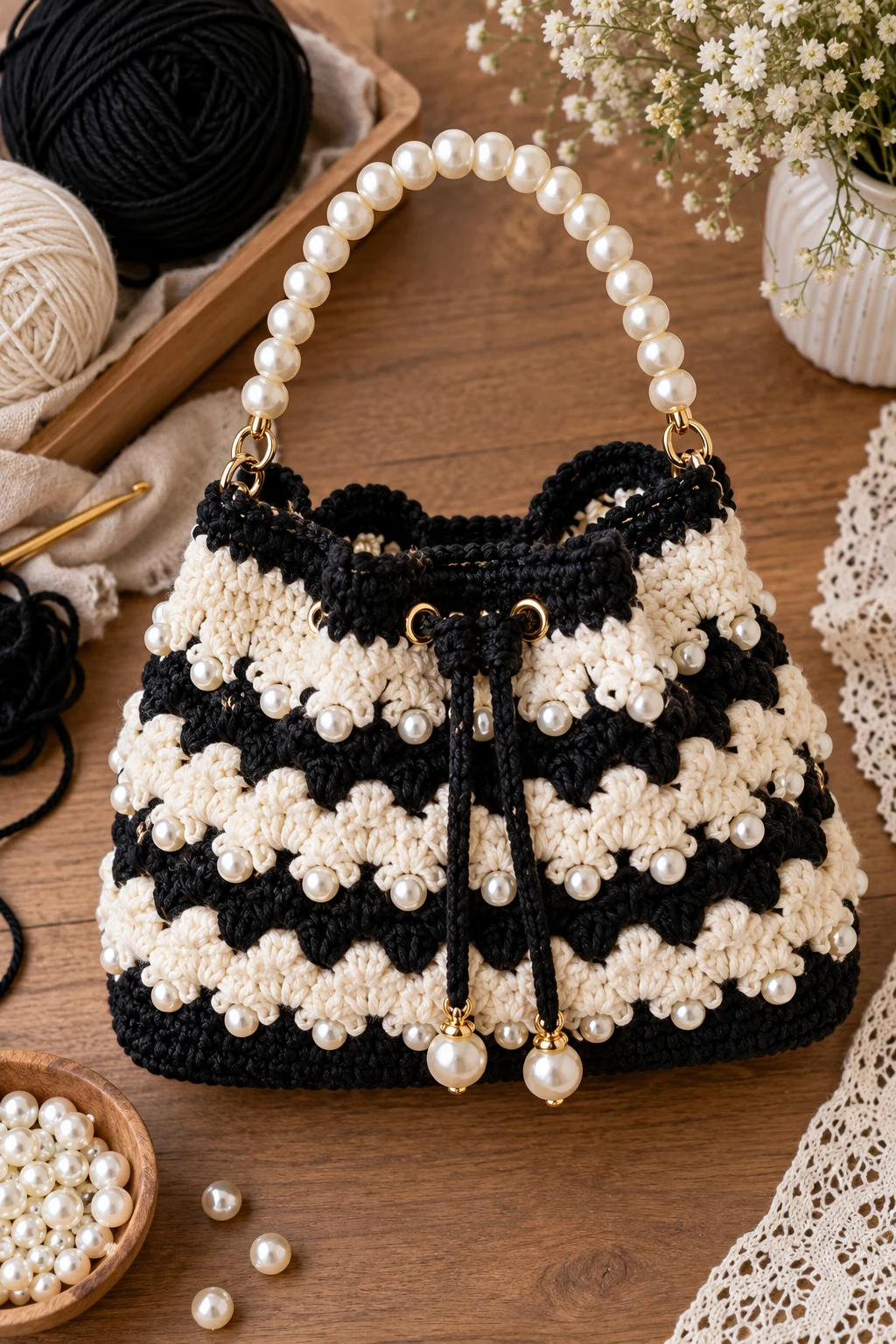 Elegant Black and White Crochet Bag With Pearl Trim — black and white crochet bag style outfit