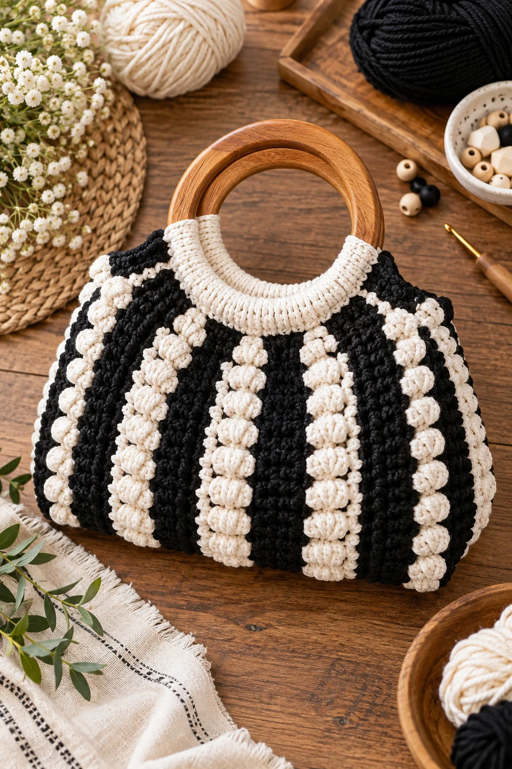 Black and White Crochet Bag With Wooden Handles — black and white crochet bag style outfit