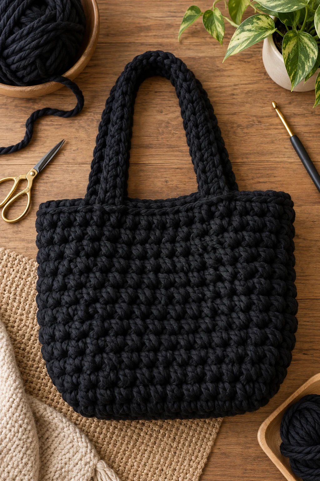 Chunky Yarn Statement Tote — black crochet bag style outfit