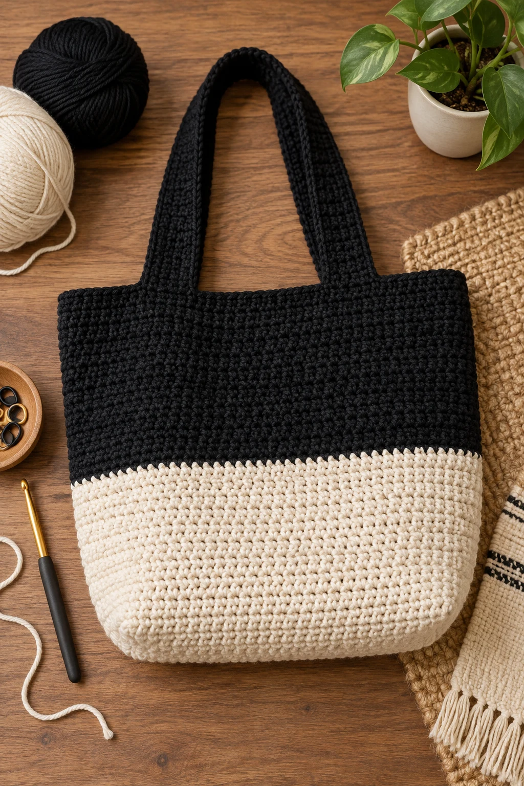 Black and Cream Color-Block Tote — black crochet bag style outfit