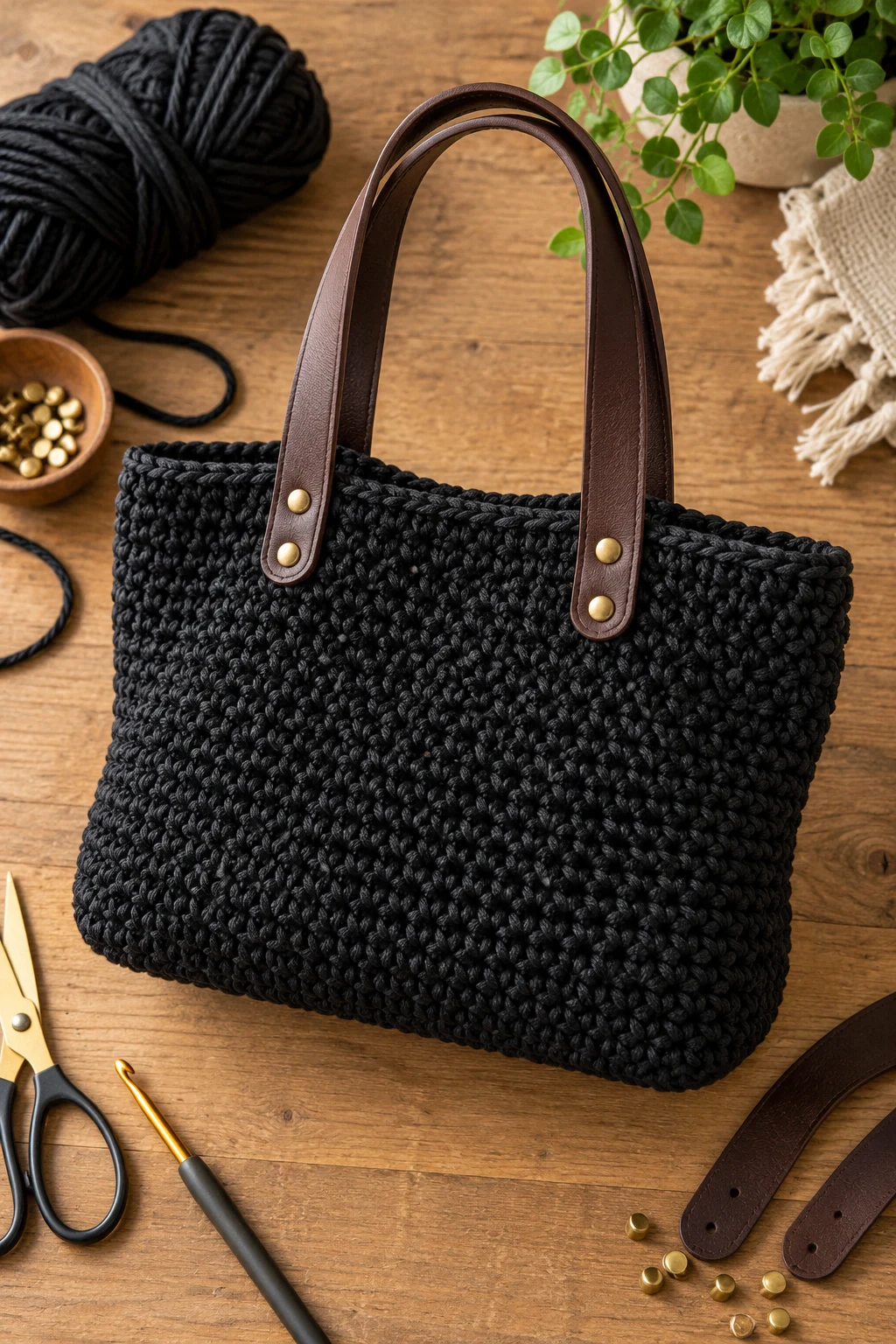 Black Crochet Bag With Leather Handles — black crochet bag style outfit