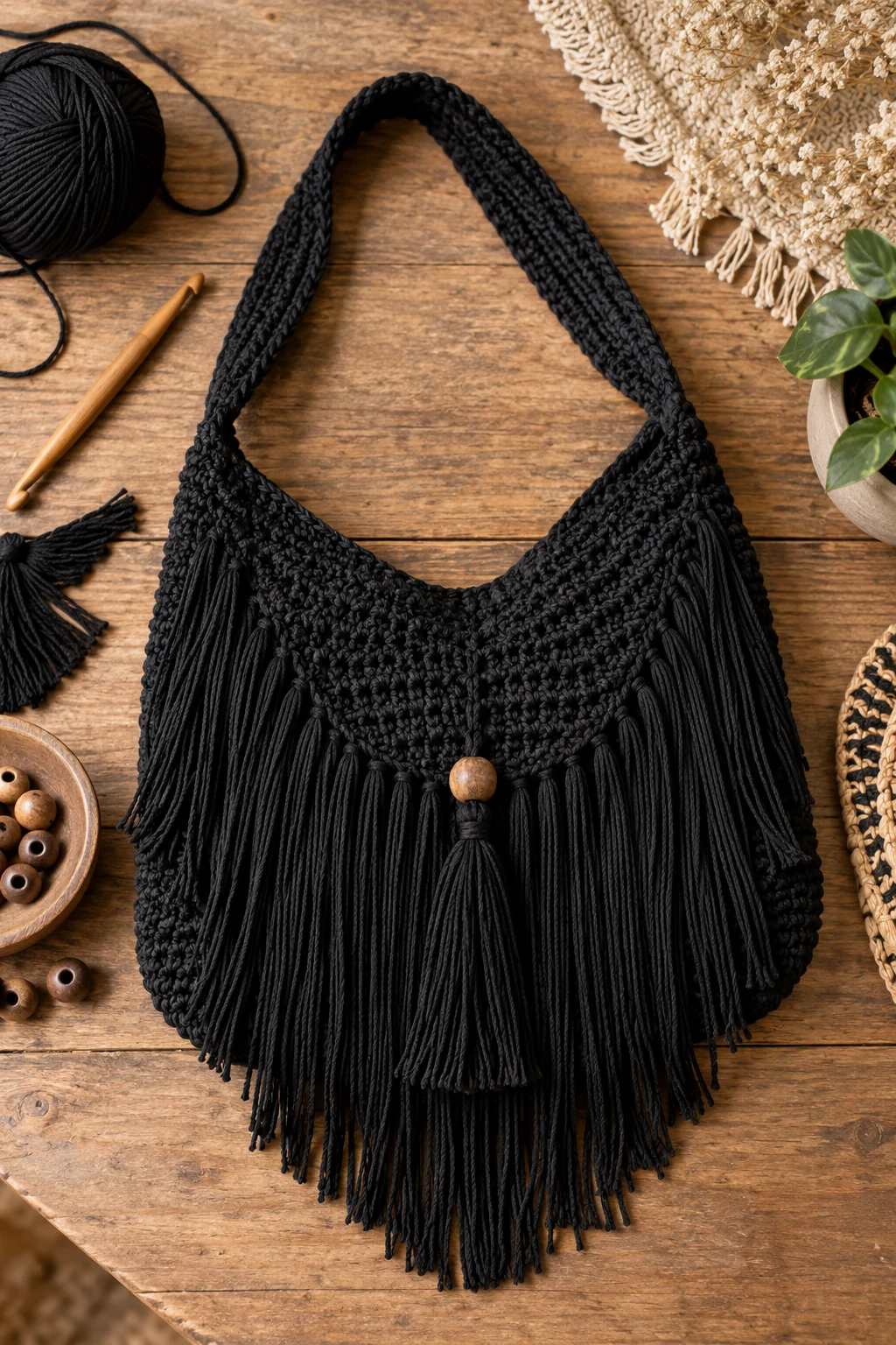 Boho Fringe Crochet Bag — black crochet bag style outfit