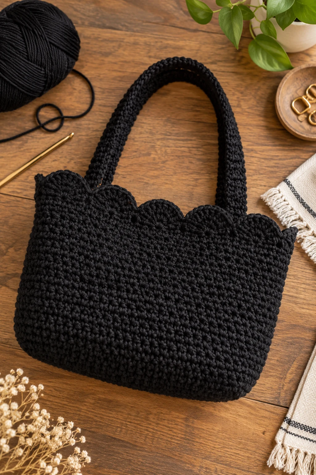 Black Crochet Bag With a Scalloped Edge — black crochet bag style outfit