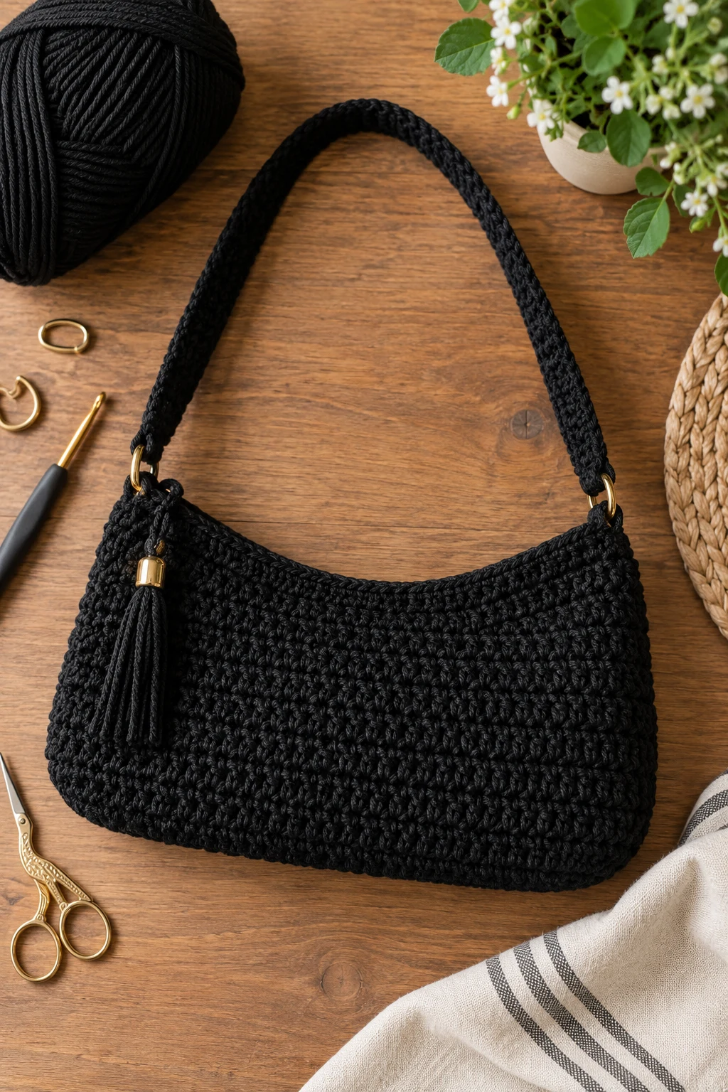 Little Black Crochet Shoulder Bag — black crochet bag style outfit
