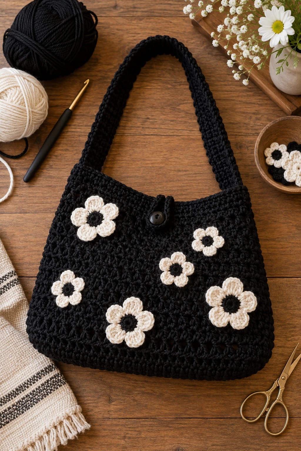 Black Crochet Bag With Flowers — black crochet bag style outfit