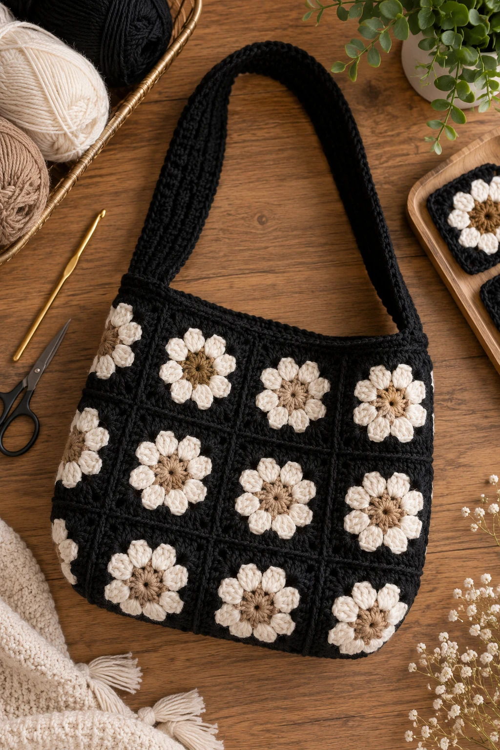 Granny Square Beauty — black crochet bag style outfit